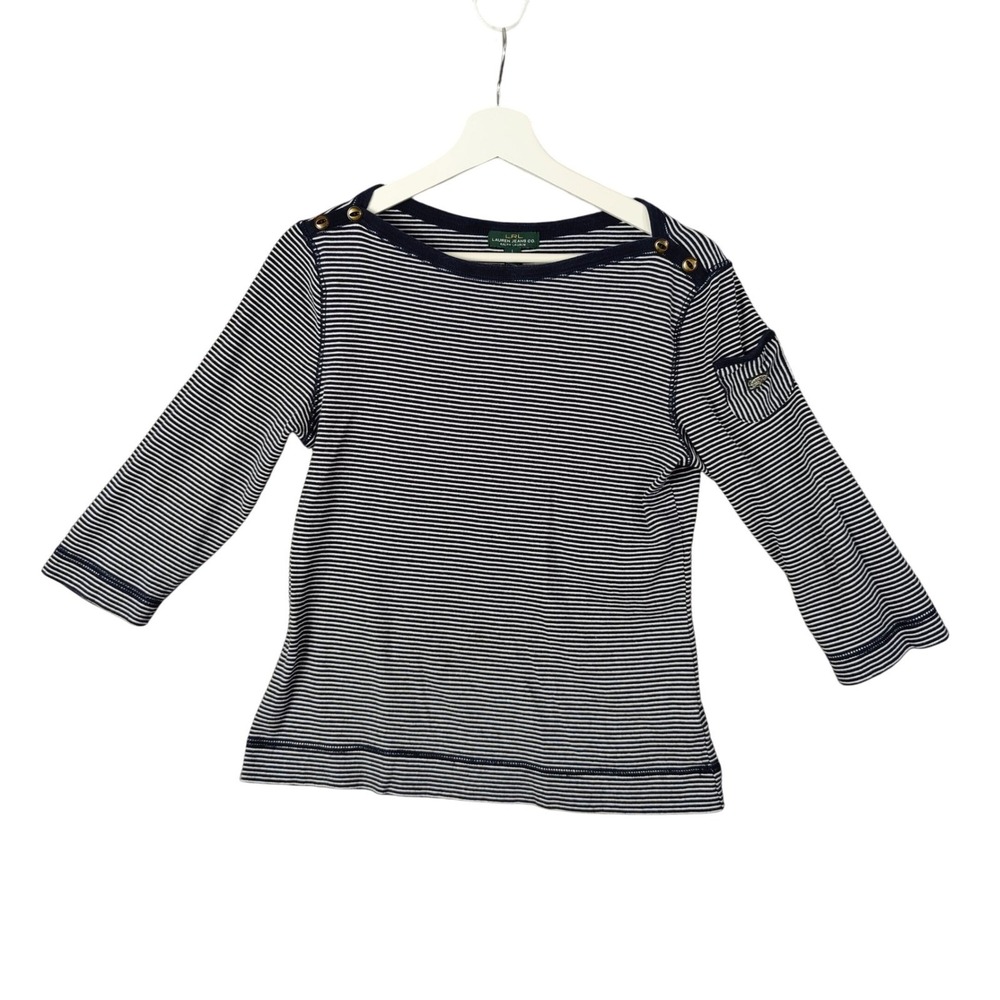 Ralph Lauren LRL Womens Coastal Striped Nautical Button Boat Neck Preppy Top L